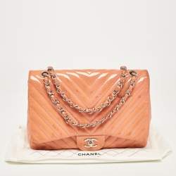 Chanel Pink Chevron Patent Leather Jumbo Classic Single Flap Bag