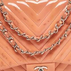 Chanel Pink Chevron Patent Leather Jumbo Classic Single Flap Bag