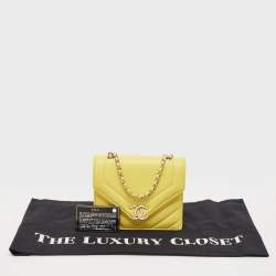 Pre Owned Chanel Yellow Leather  Small Vintage Chevron Flap Bag