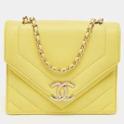 Pre Owned Chanel Yellow Leather  Small Vintage Chevron Flap Bag