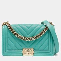 Pre Owned Chanel Aqua Green Chevron Caviar Leather Medium Boy Flap Bag