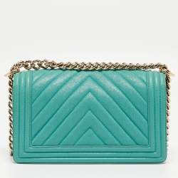 Pre Owned Chanel Aqua Green Chevron Caviar Leather Medium Boy Flap Bag
