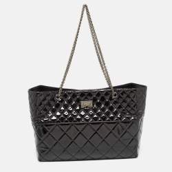 Pre Owned Chanel Black Quilted Patent Leather Reissue East West Tote