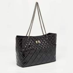 Pre Owned Chanel Black Quilted Patent Leather Reissue East West Tote