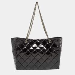 Pre Owned Chanel Black Quilted Patent Leather Reissue East West Tote