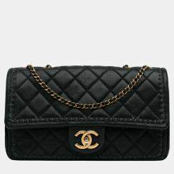 Pre Owned Chanel Black Quilted Lambskin Stitch Single Flap