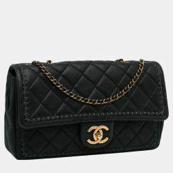 Pre Owned Chanel Black Quilted Lambskin Stitch Single Flap