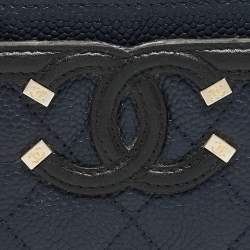 Chanel Blue/Black Quilted Caviar Leather Filigree Card Holder