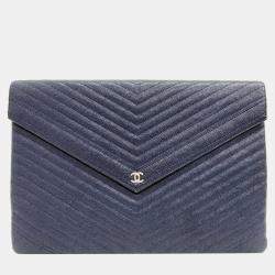 Pre Owned Chanel Blue Calfskin Chevron Quilted Small Envelope Clutch 