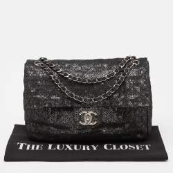 Pre Owned Chanel Black Mesh and Sequins Jumbo Classic Flap Bag