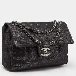 Pre Owned Chanel Black Mesh and Sequins Jumbo Classic Flap Bag
