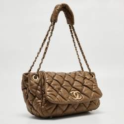 Pre Owned Chanel Olive Green Quilted Leather Bubble Accordion Flap Bag