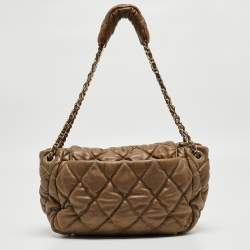 Pre Owned Chanel Olive Green Quilted Leather Bubble Accordion Flap Bag