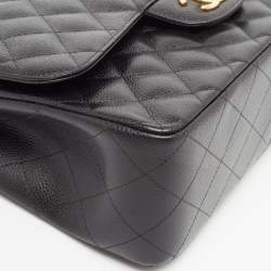 Pre Owned Chanel Black Quilted Caviar Leather Jumbo Classic Double Flap Bag