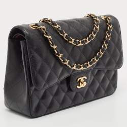Pre Owned Chanel Black Quilted Caviar Leather Jumbo Classic Double Flap Bag