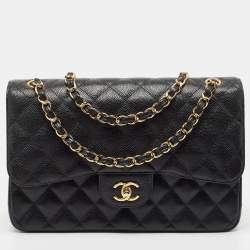 Pre Owned Chanel Black Quilted Caviar Leather Jumbo Classic Double Flap Bag