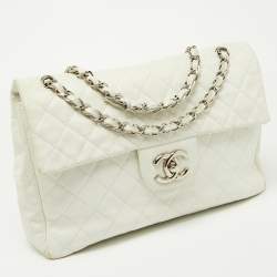 Chanel Off White Quilted Caviar Leather Maxi Classic Single Flap Bag