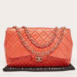 مملوكة مسبقًا Chanel Coral Red Quilted Lambskin Leather Jumbo Classic Single Flap Bag