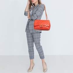 مملوكة مسبقًا Chanel Coral Red Quilted Lambskin Leather Jumbo Classic Single Flap Bag