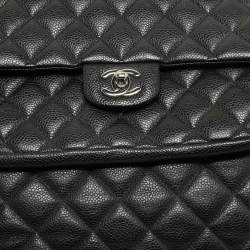 Pre Owned Chanel Black Quilted Caviar Leather Front Flap Pocket Tote