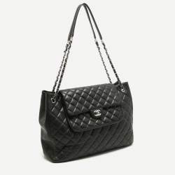 Pre Owned Chanel Black Quilted Caviar Leather Front Flap Pocket Tote
