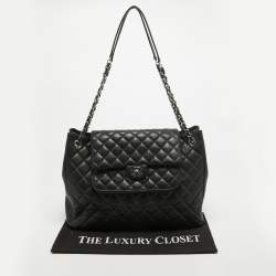 Pre Owned Chanel Black Quilted Caviar Leather Front Flap Pocket Tote