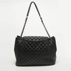 Pre Owned Chanel Black Quilted Caviar Leather Front Flap Pocket Tote