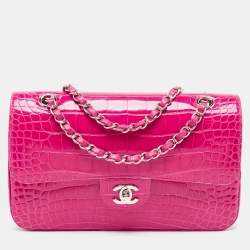 Pre Owned حقيبة شانيل كلاسيك جلد وجلد لامع أسود/ أحمر بقلاب مزدوج متوسطة