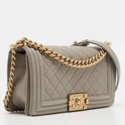 Pre Owned Chanel Grey Quilted Caviar Leather Medium Boy Flap Bag