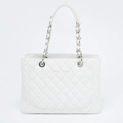 Pre Owned Chanel White Quilted Caviar Leather Grand Shopping Tote