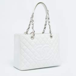 Pre Owned Chanel White Quilted Caviar Leather Grand Shopping Tote
