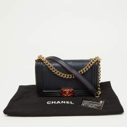 Chanel Dark Blue/Red Cube Embossed Leather Medium Boy Flap Bag