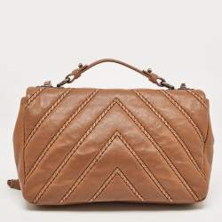 Chanel Brown Chevron Stitched Leather Classic Top Handle Bag