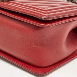 Pre Owned Chanel Red Chevron Leather Medium Boy Bag