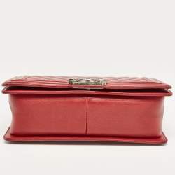 Pre Owned Chanel Red Chevron Leather Medium Boy Bag