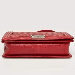 Pre Owned Chanel Red Quilted Caviar Leather New Medium Boy Bag