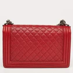 Pre Owned Chanel Red Quilted Caviar Leather New Medium Boy Bag
