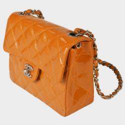 Chanel Orange Patent Leather XS Classic Single Flap Shoulder Bags