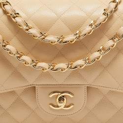 Pre Owned Chanel Light Beige Quilted Caviar Leather Jumbo Classic Double Flap Bag