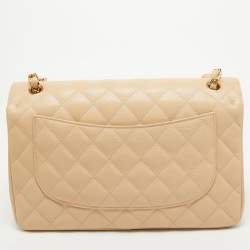 Pre Owned Chanel Light Beige Quilted Caviar Leather Jumbo Classic Double Flap Bag