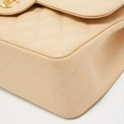 Pre Owned Chanel Light Beige Quilted Caviar Leather Jumbo Classic Double Flap Bag