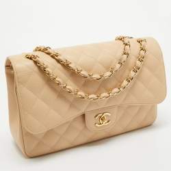 Pre Owned Chanel Light Beige Quilted Caviar Leather Jumbo Classic Double Flap Bag