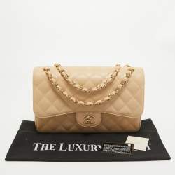Pre Owned Chanel Light Beige Quilted Caviar Leather Jumbo Classic Double Flap Bag