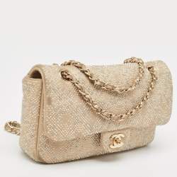 Pre Owned Chanel Beige Iridescent Leather Medium Beaded Classic Single Flap Bag