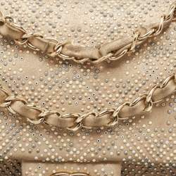 Pre Owned Chanel Beige Iridescent Leather Medium Beaded Classic Single Flap Bag