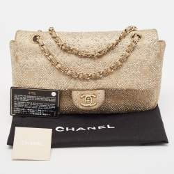 Pre Owned Chanel Beige Iridescent Leather Medium Beaded Classic Single Flap Bag