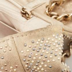 Pre Owned Chanel Beige Iridescent Leather Medium Beaded Classic Single Flap Bag