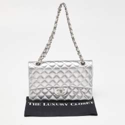 Pre Owned Chanel Silver Quilted Leather Medium Classic Double Flap Bag