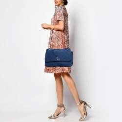 Pre Owned Chanel Blue Quilted Nubuck Leather Large Split Pocket Flap Bag