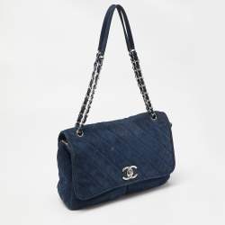 Pre Owned Chanel Blue Quilted Nubuck Leather Large Split Pocket Flap Bag